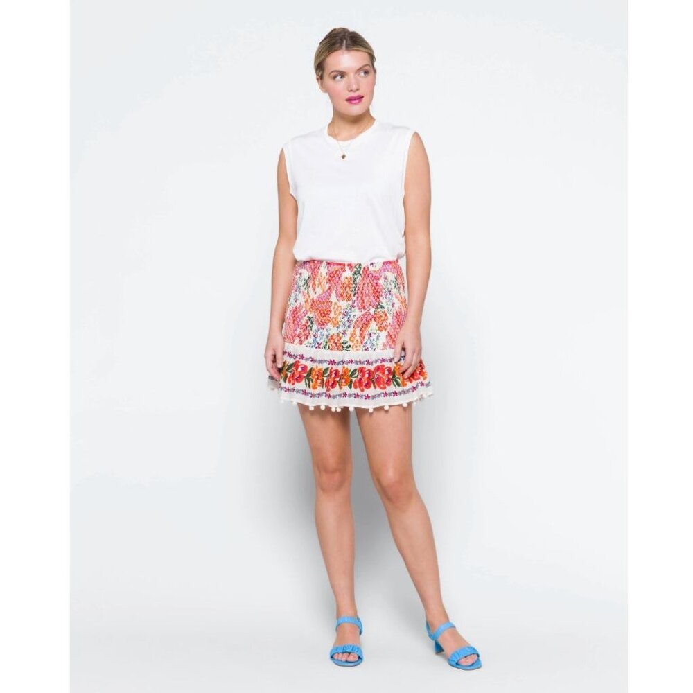 Farm Rio Spring Bananas Mini Skirt Smocked Stretch Floral Multicolor LARGE - Picture 2 of 16